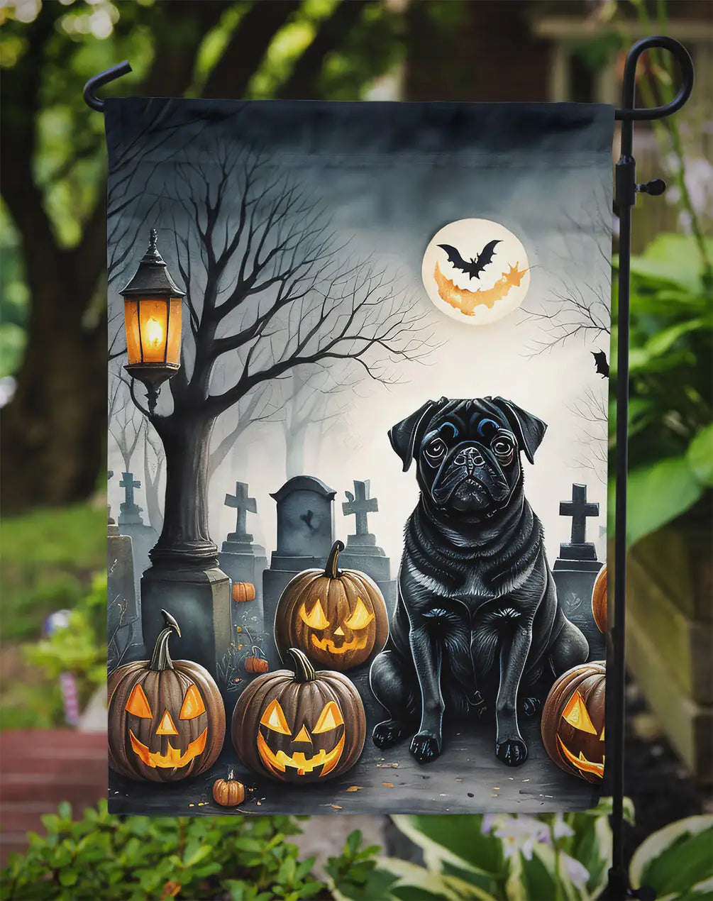 Black Pug Spooky Halloween Garden Flag